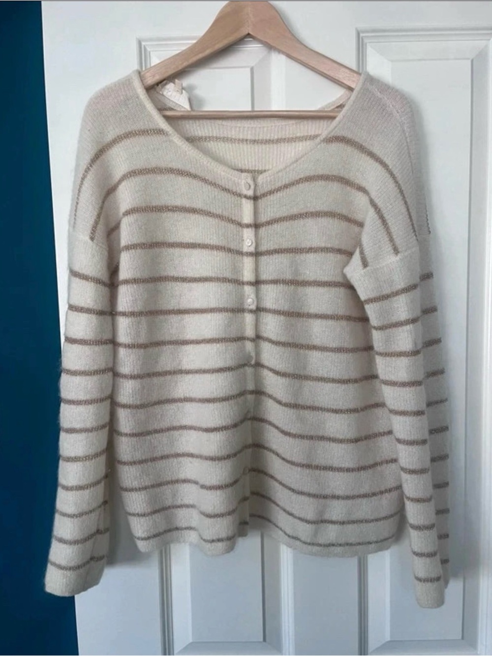 Sezane Gaspard Cream and Tan Striped Button-Front Sweater